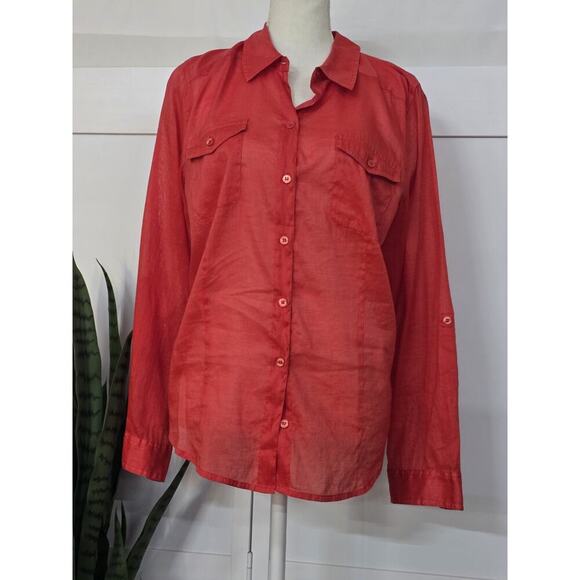 CHICO'S SILKY SOFT FABRIC BUTTON FRONT LONG SLEEVE SHIRT EXUBERANT ORANGE LARGE - Picture 1 of 4